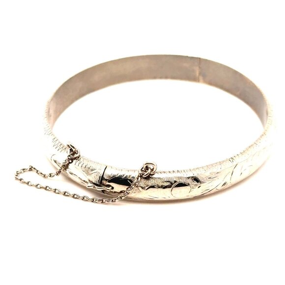 Vintage 925 Sterling Silver Bangle with Safety Chain - Picture 2 of 6